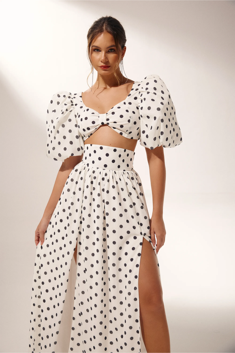 Polka Dot Two-Piece Dress with High Slit