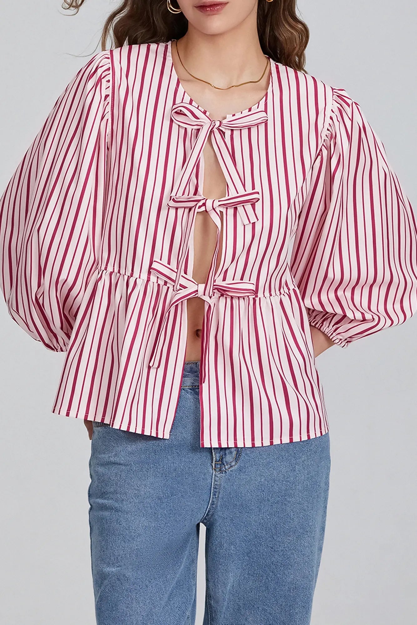 Basicfold Women's Bow Detail Peplum Blouse – Three-Quarter Sleeves, Multiple Colors-83302-e94139da-b7bb-49bc-ad00-089ee80985c6