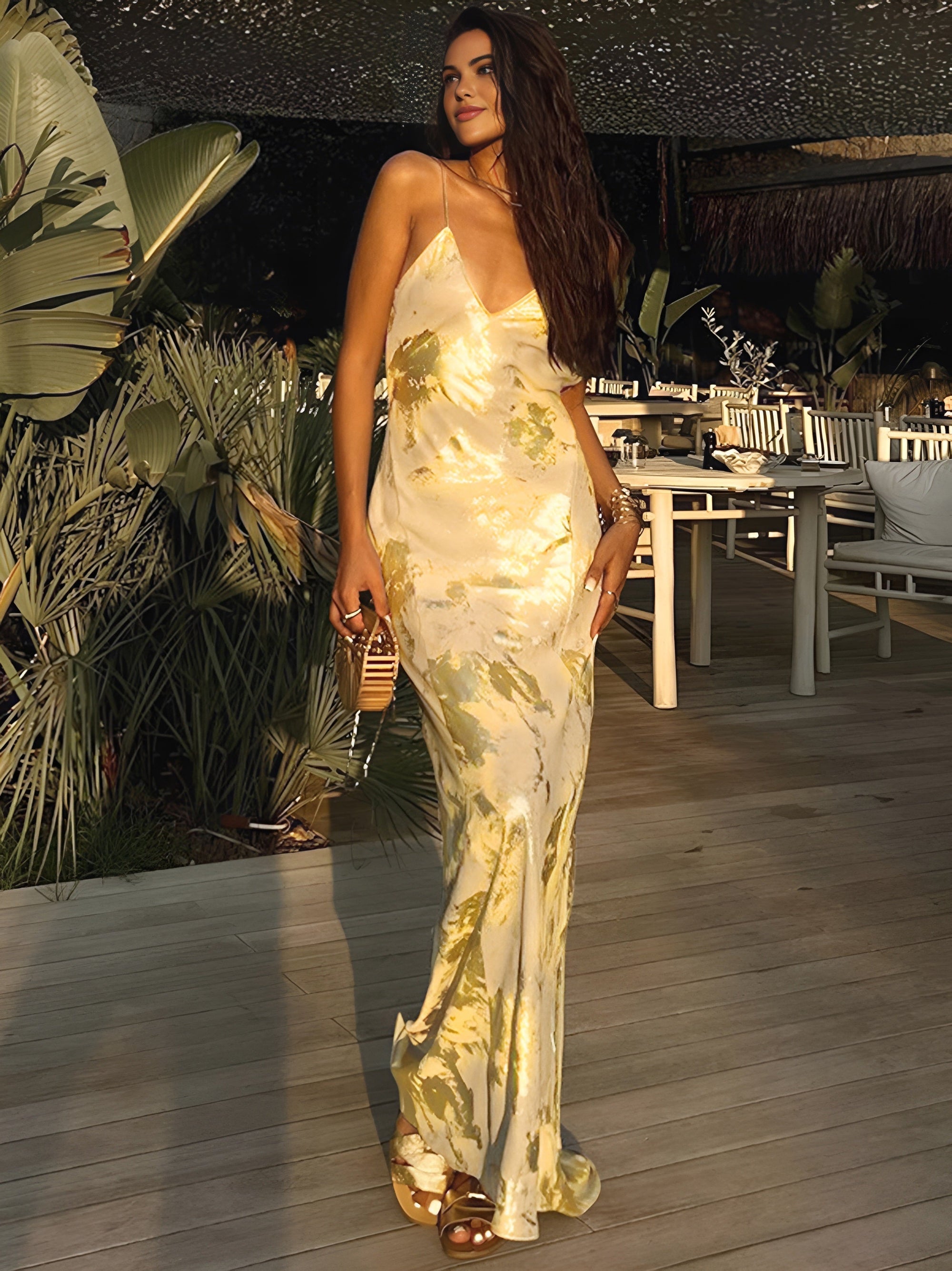 Metallic Gown - Plunging Neck, Gold Accents