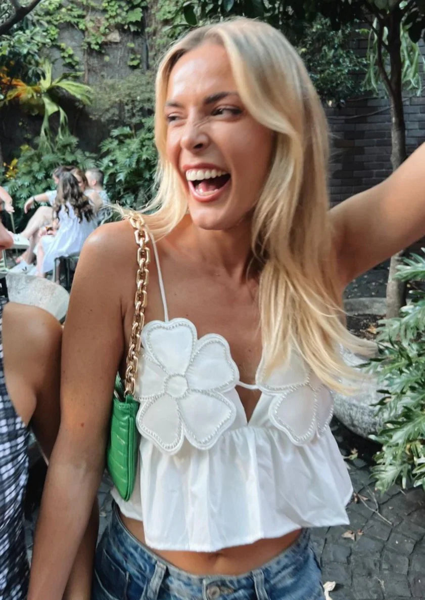 Floral Appliqué Halter Top with Peplum