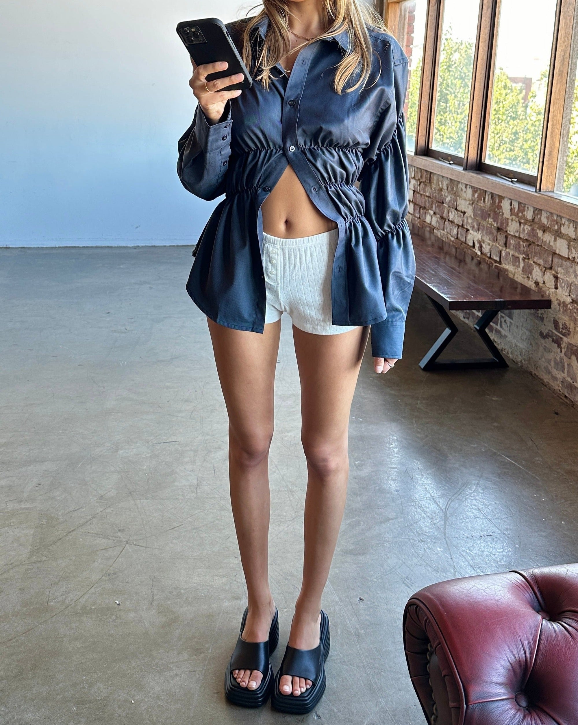 Women's Button-Down Shirt with Gathered Waist & Cuffs – Elegant Style-83304-ea294912-2ae2-46af-9053-fa2ccfc5a17c