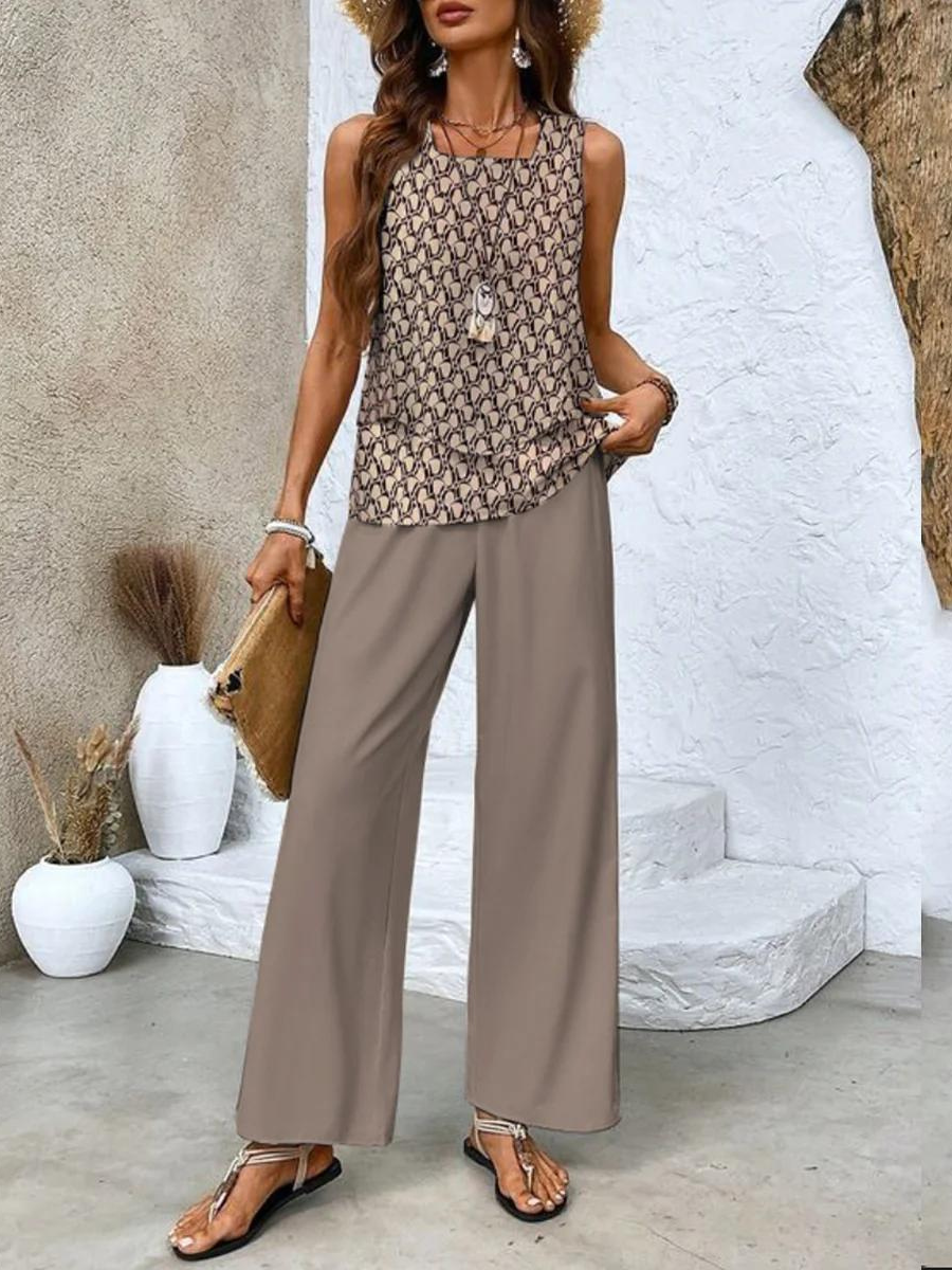 Patterned Two-Piece Set - Wide-Leg Pants