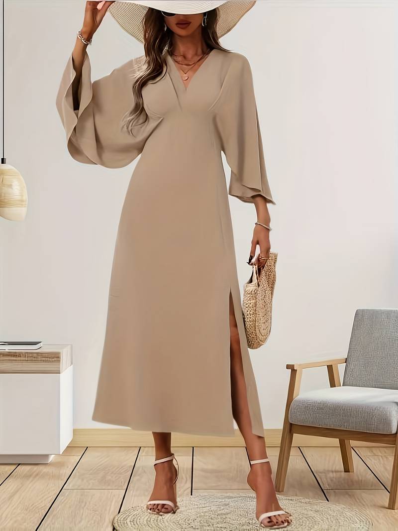 Bell Sleeve Dress - V-Neck Midi with Slit