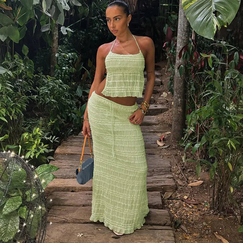 Women's Two-Piece Outfit – Gathered Halter Top & Midi Skirt with Drawstring Waist, Matching Set-83709-ec5c869a-779a-4df5-bc25-3b0bbb28d2bd