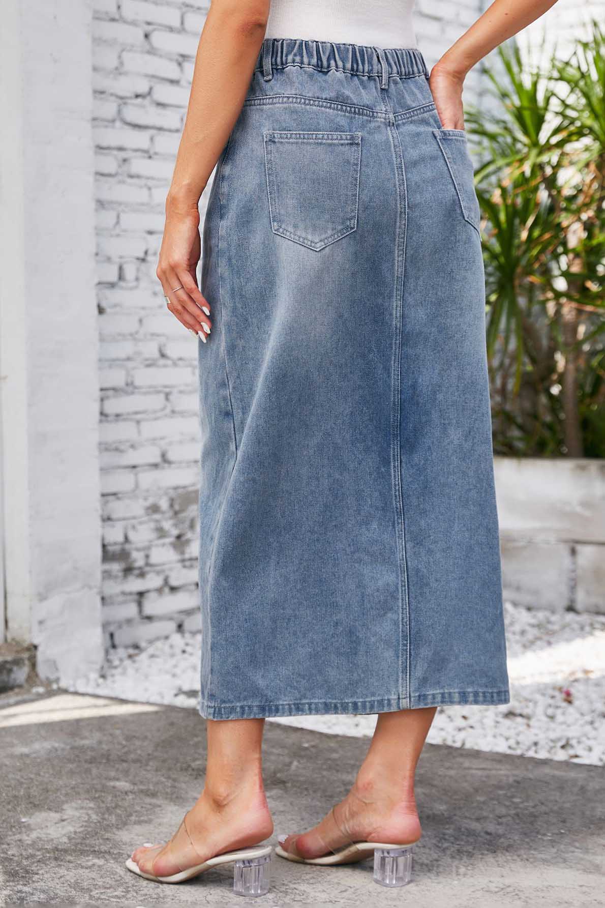 Denim Midi Skirt - Front Slit, High-Waisted