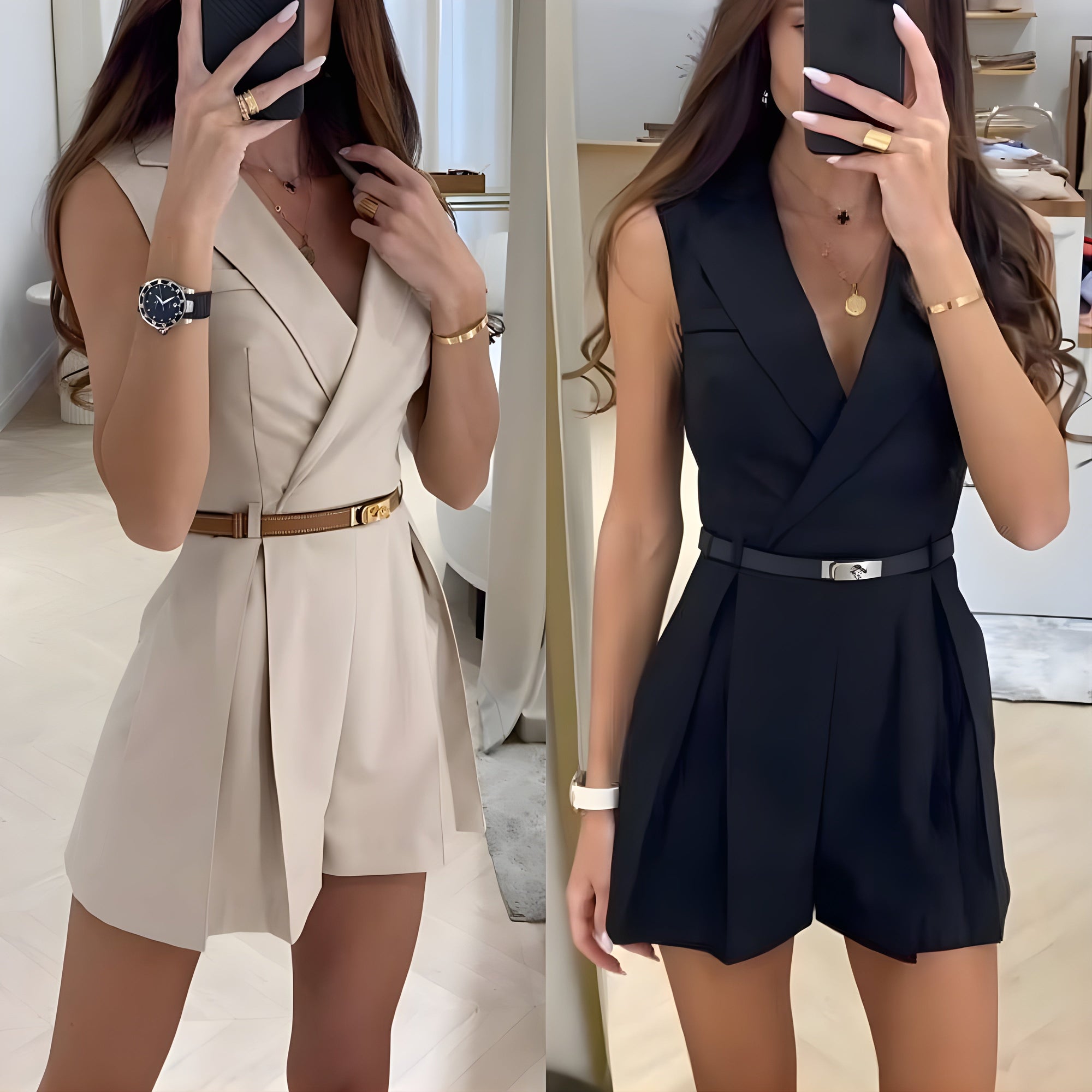Sleeveless V-Neck Romper Dress with Belt