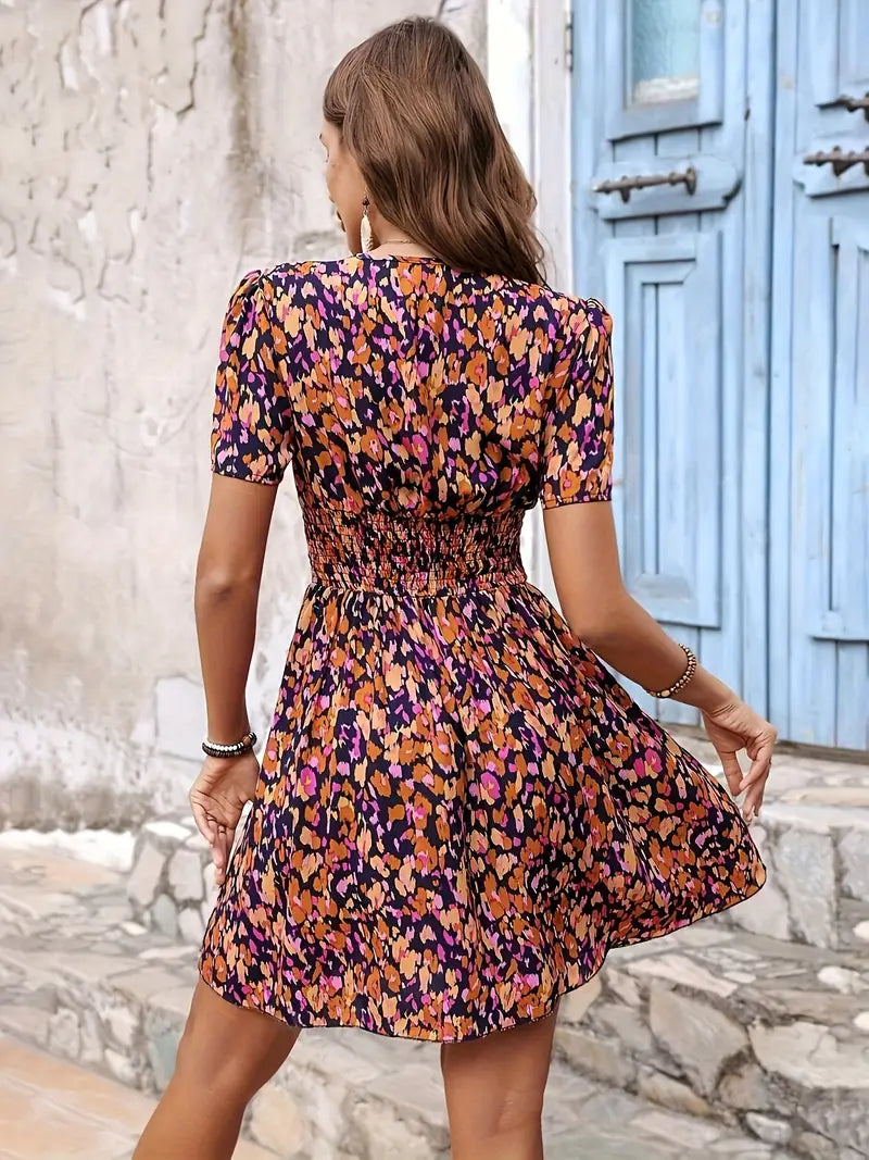 Floral V-Neck Flowy Dress with Ruching