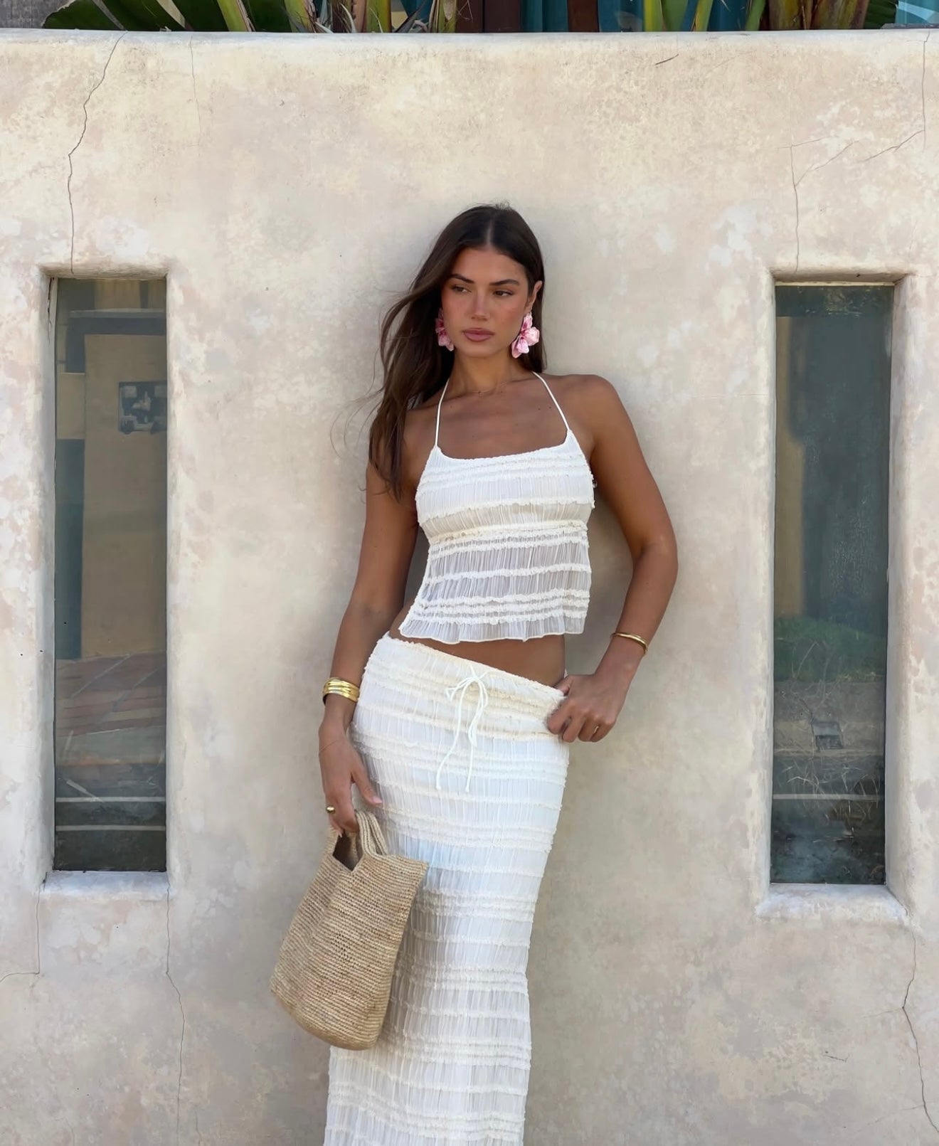 Women's Two-Piece Outfit – Gathered Halter Top & Midi Skirt with Drawstring Waist, Matching Set-83709-f05de6ed-c464-4d2c-a79d-a1fc4ee8847f