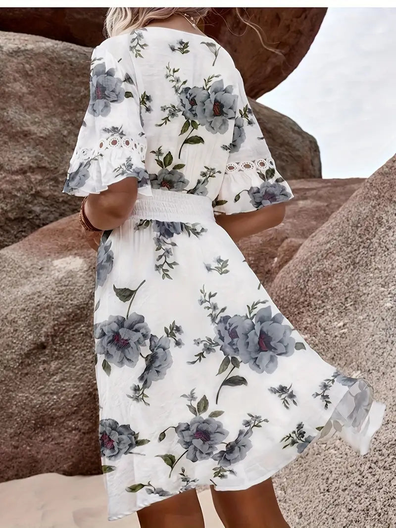 Floral Lace Trim Flowing A-Line Dress