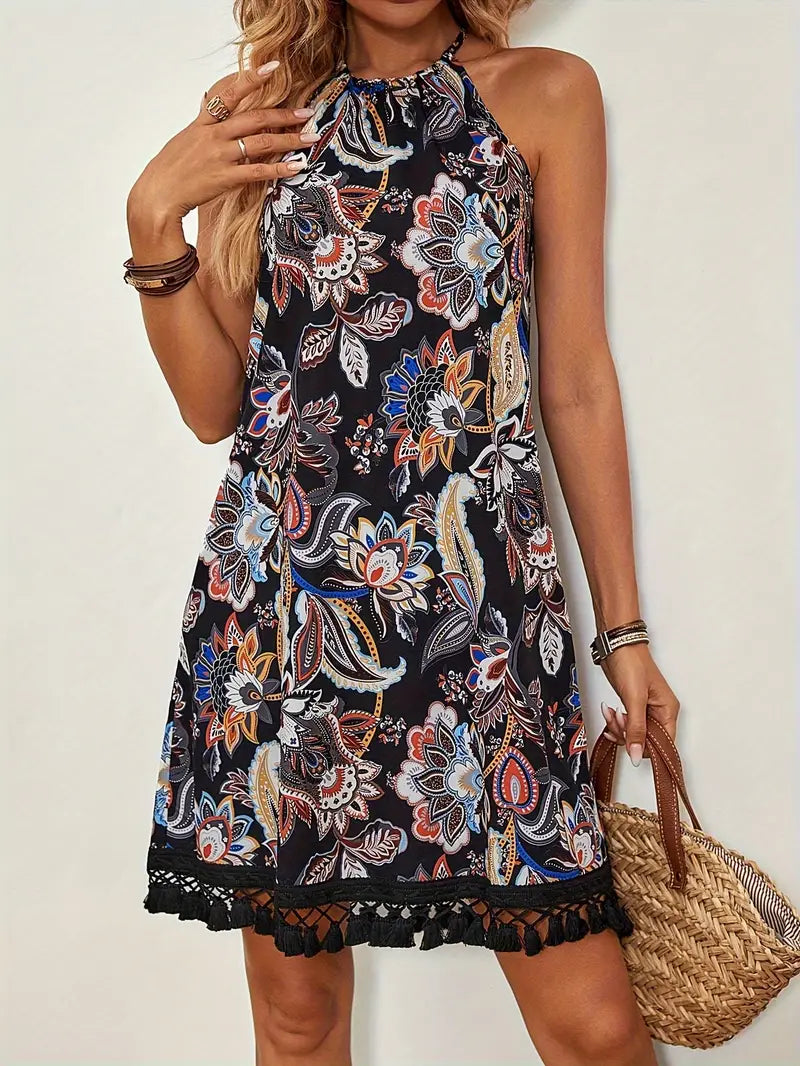Floral Halter A-Line Dress with Fringe