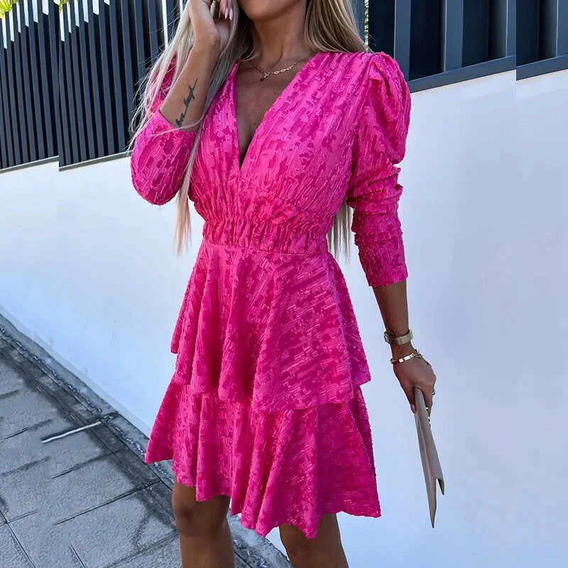 Smocked Waist Mini Dress - Puff Long Sleeve