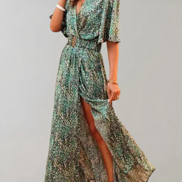 V-Neck Maxi Dress – High Slit, Cinched Waist
