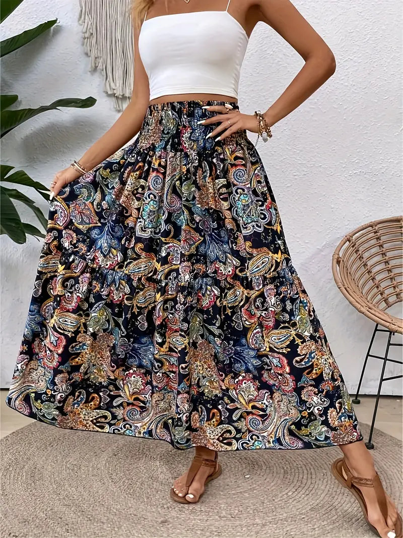 Bohemian Patterned A-Line Midi Skirt
