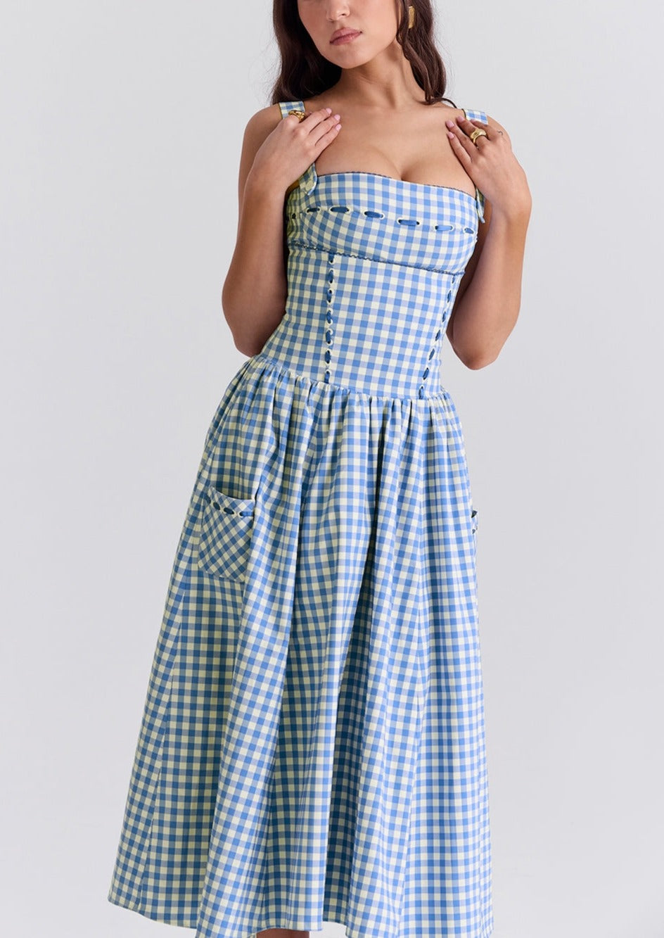 Women's Gingham Dress – Square Neck, Button Front, Classic Style-83592-f40d48a0-9034-4863-8f70-e87ce3e9d722