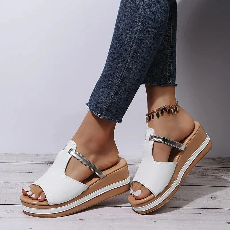 Platform Sandals - T-Strap, Metallic Detail