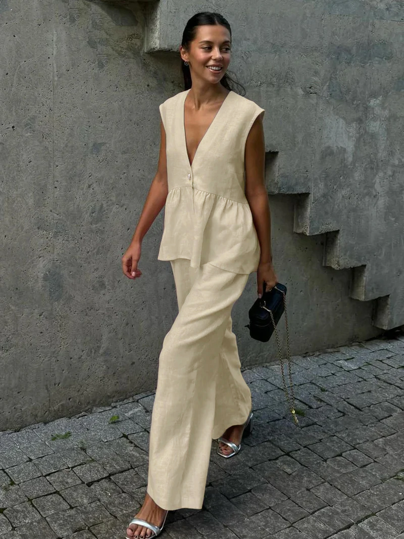 Basicfold Women's Linen Two-Piece Set – Sleeveless V-Neck Top & Wide-Leg Pants-83272-f4de8f55-5acf-4d12-aacf-08c7b8ad49f0