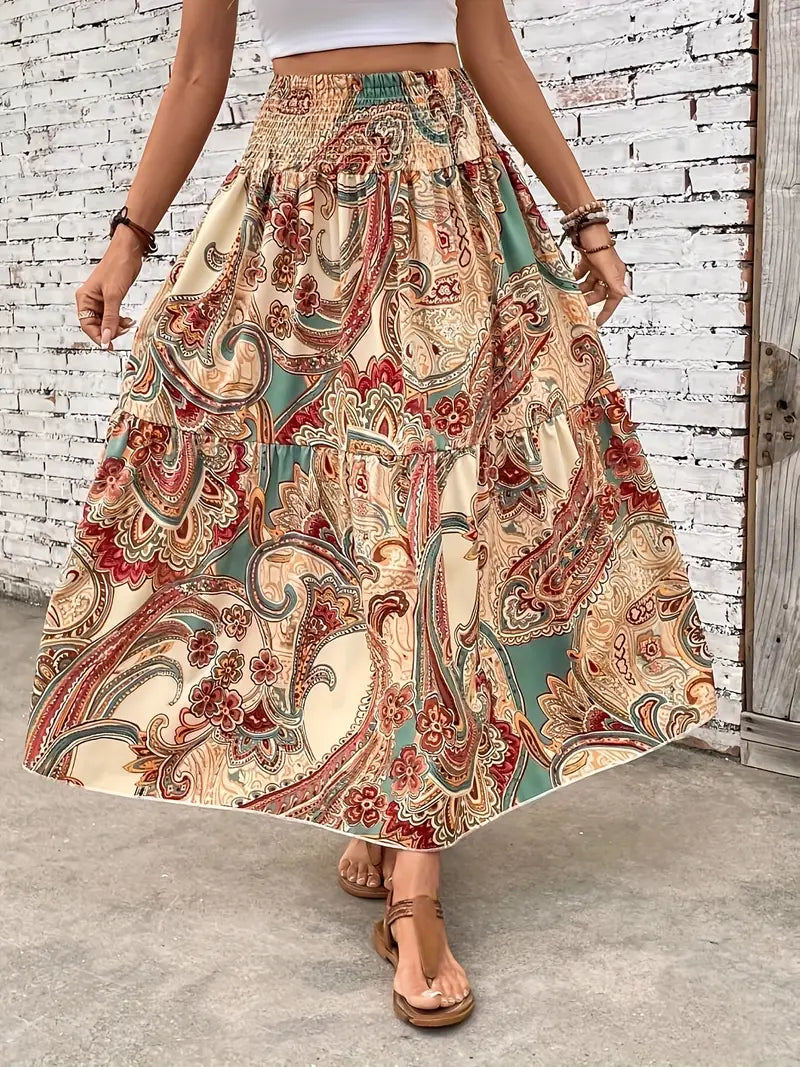 Bohemian Patterned A-Line Midi Skirt