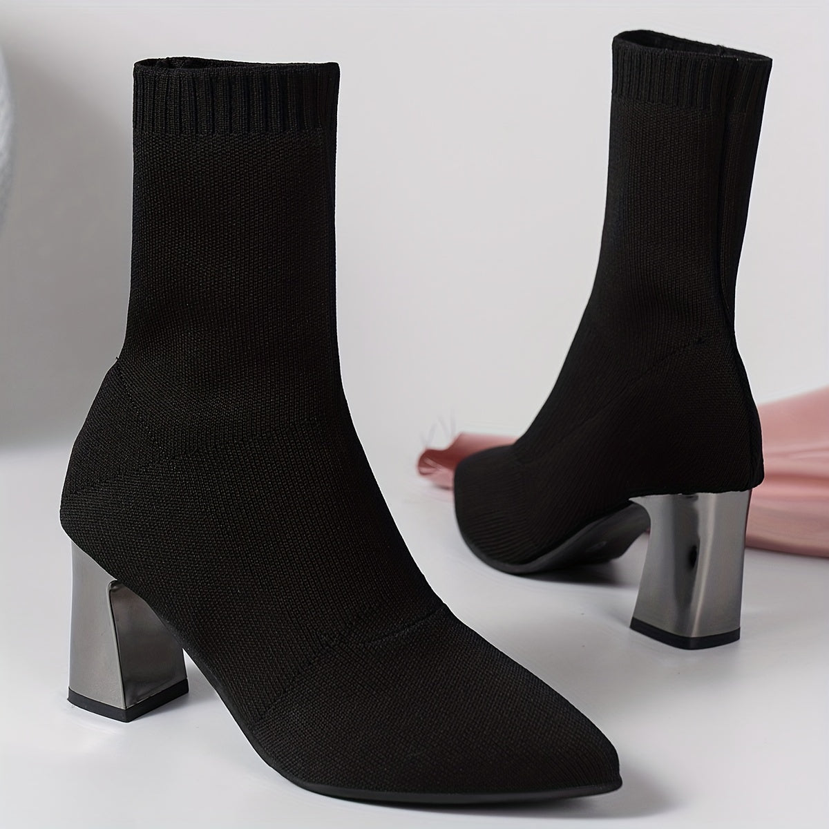 Knit Ankle Boots with Geometric Heel