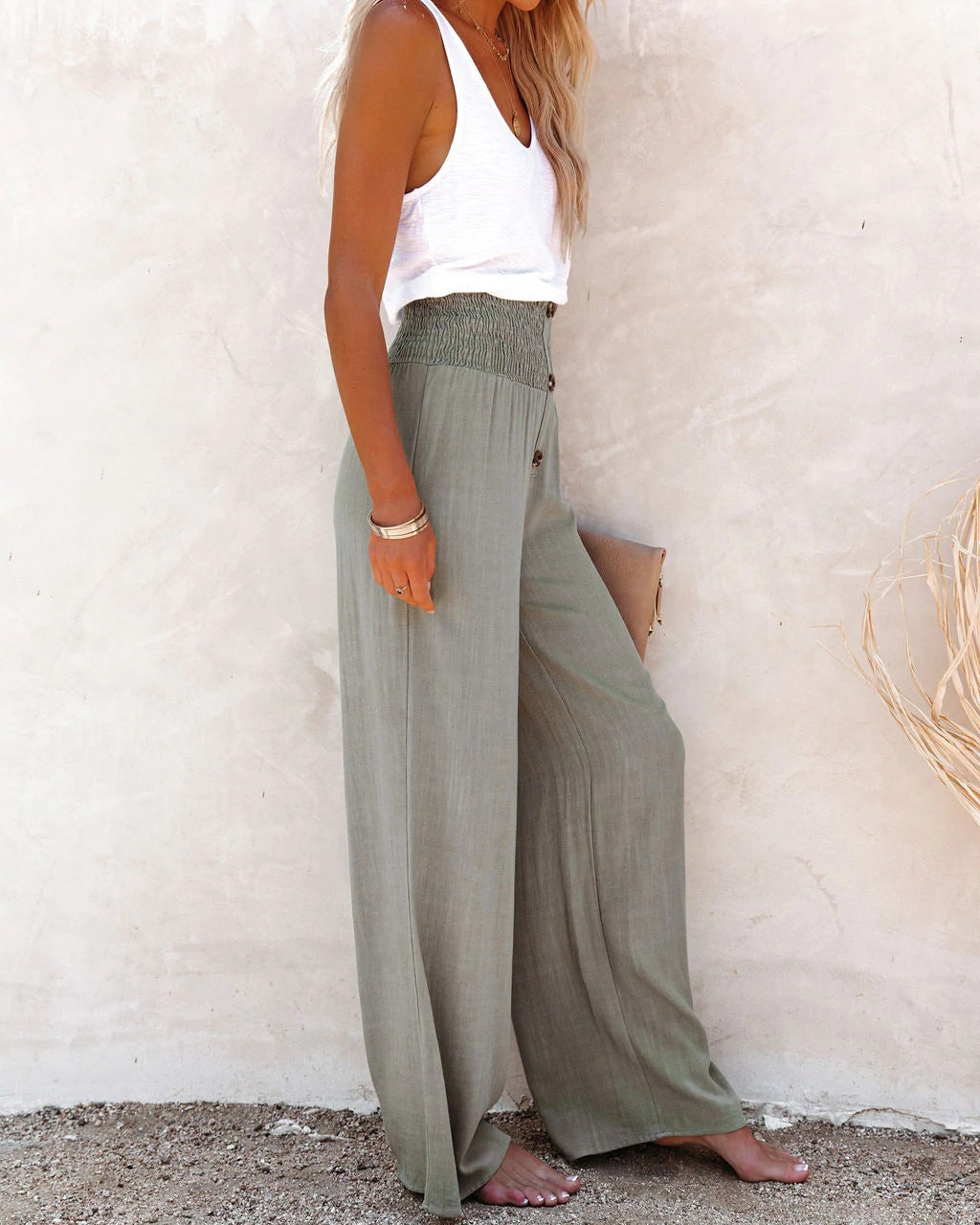 Wide-Leg Pants - High-Waisted with Button Detail