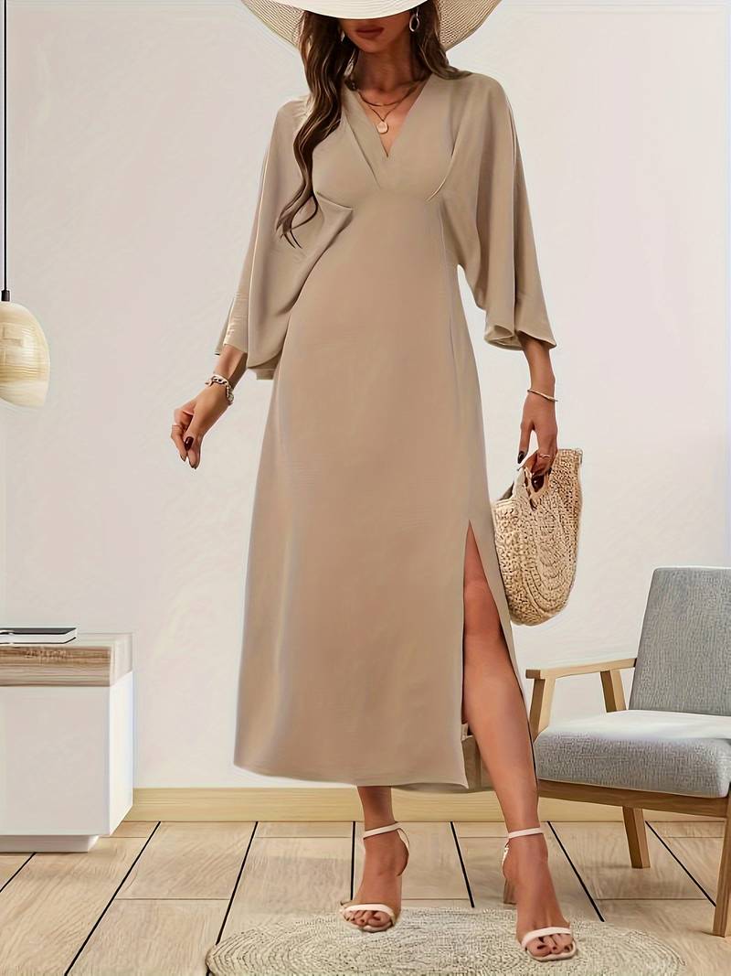 Bell Sleeve Dress - V-Neck Midi with Slit