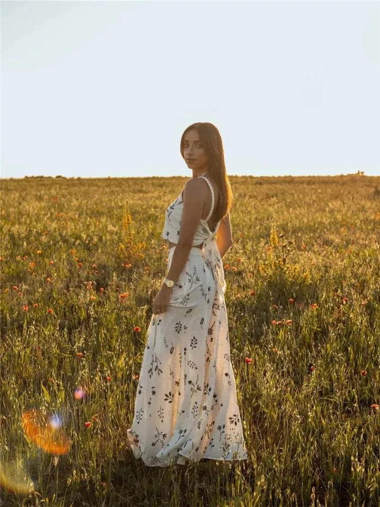 Floral Two-Piece Outfit - Tie-Front Crop Top