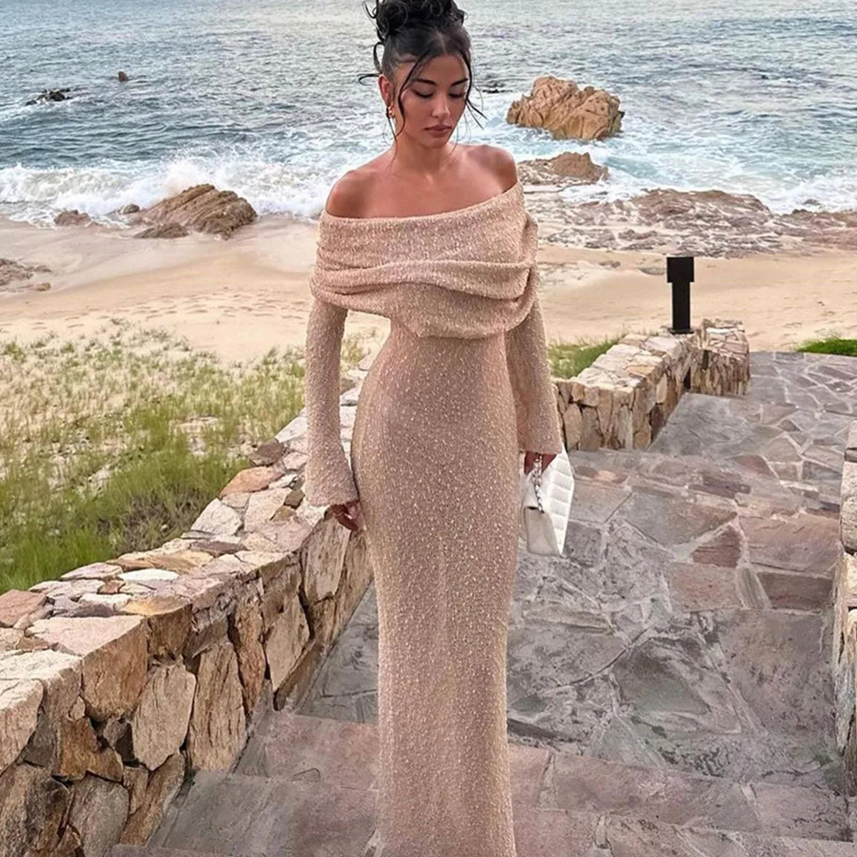 Shimmering Off-Shoulder Midi Dress