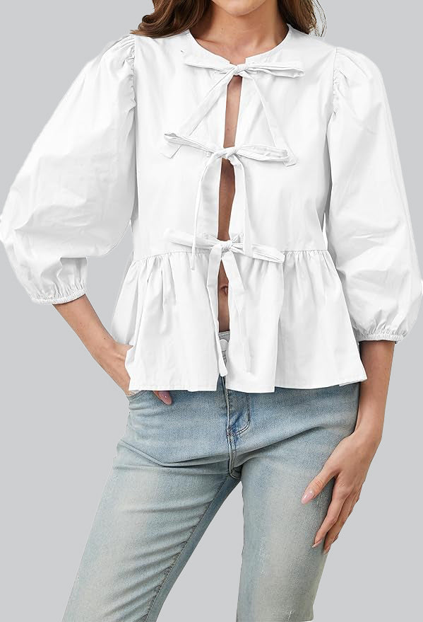 Basicfold Women's Bow Detail Peplum Blouse – Three-Quarter Sleeves, Multiple Colors-83302-f8705f6f-ba71-43ad-bc30-67aacff897d0