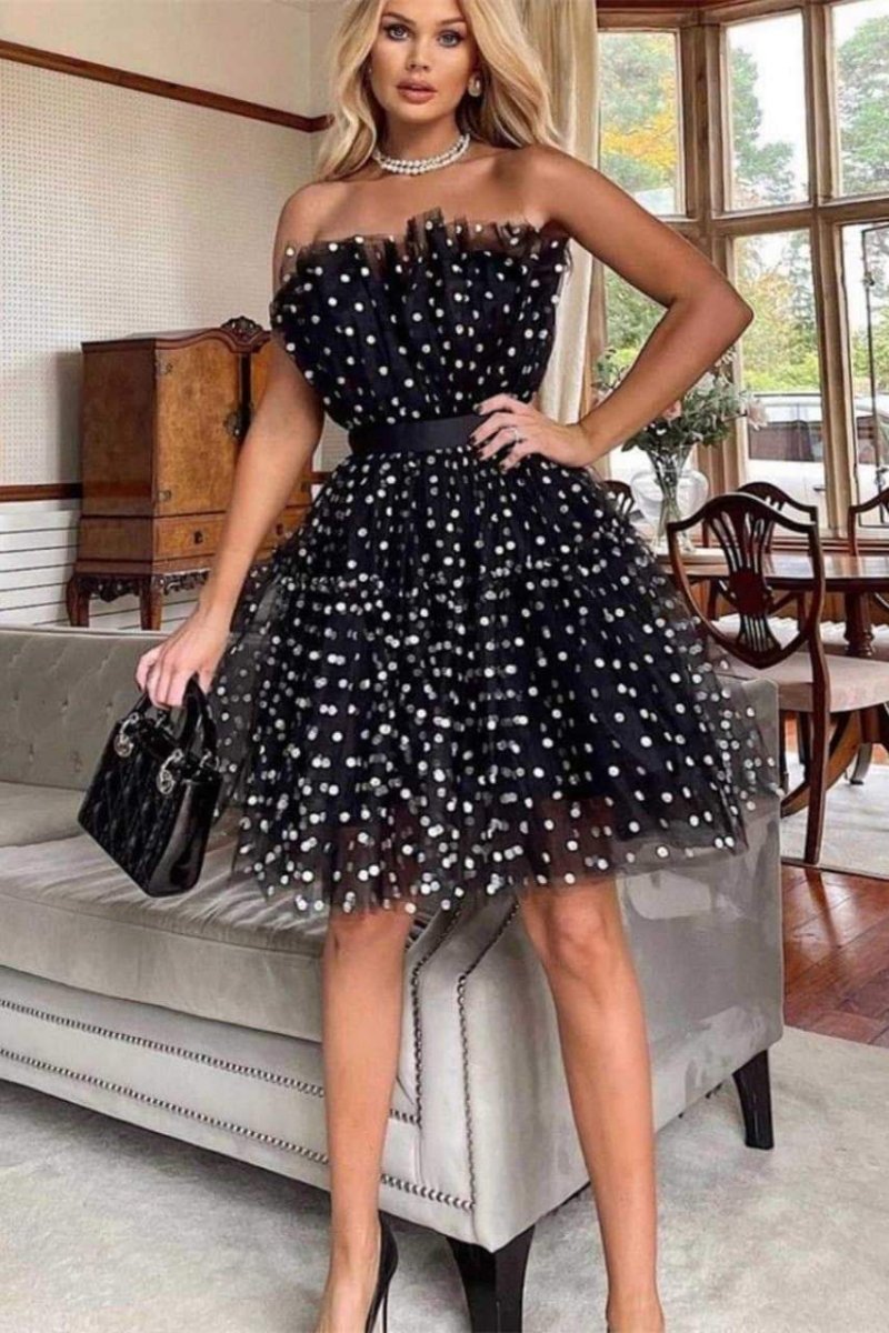 Polka Dot Tulle Dress - Strapless Ruffle Bodice