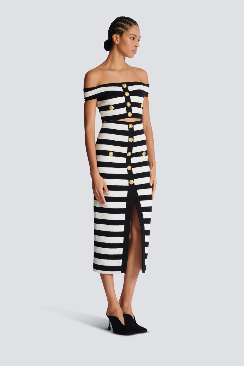 Striped Knit Two-Piece Dress with Gold Buttons