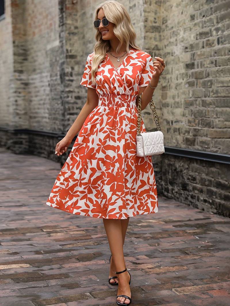 Floral Midi Dress - V-Neck & Elastic Waist