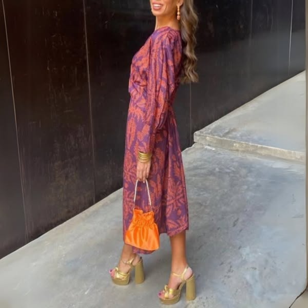 Women's Printed V-Neck Long Sleeve Dress with Knot Waist Detail-83293-faedb750-924e-48da-9f5b-c436018c2175