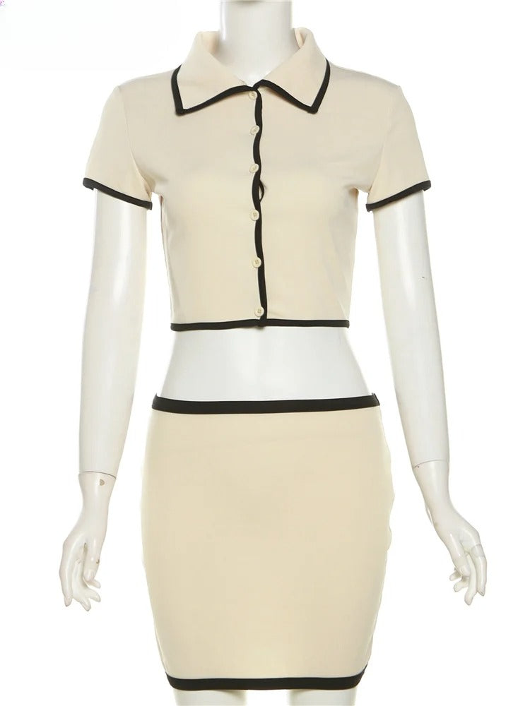 Knit Polo Top & Mini Skirt Set - Trim Detail