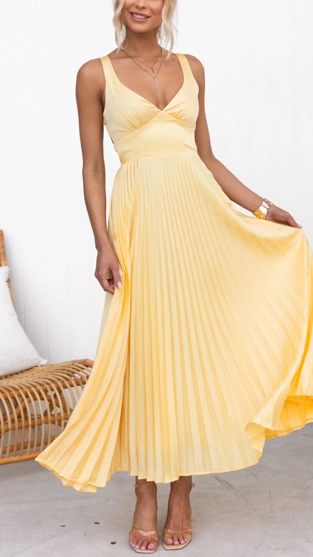 Mandy | Elegant Yellow Pleated V-Neck Maxi Dress - Image 1