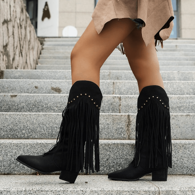 Knee-High Boots - Suede Fringe & Stud Detail