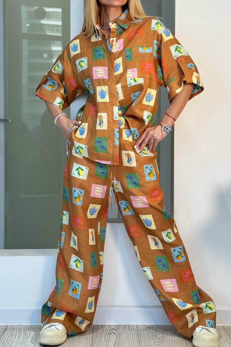 Printed Linen Set - Wide Leg Pants & Shirt