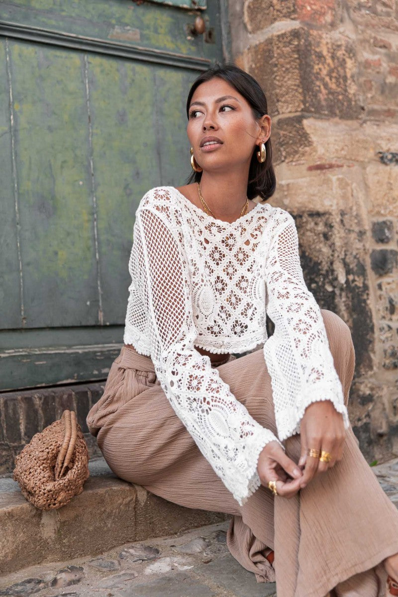 Basicfold Women's Crochet Long Sleeve Dress – White, Unique Pattern-76533-ff291a76-ea96-4eb5-8019-968076f0ad8b