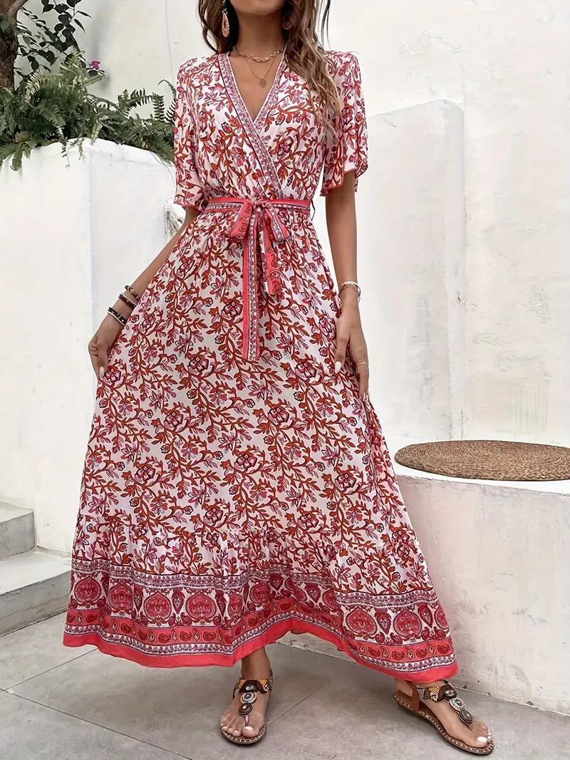 Maxi Dress Floral Print V-Neck Tie Waist Short Sleeve Flowy Bohemian Summer Dress-82359-ff2d5e0e-9334-4ee9-8381-9531a359b2ac