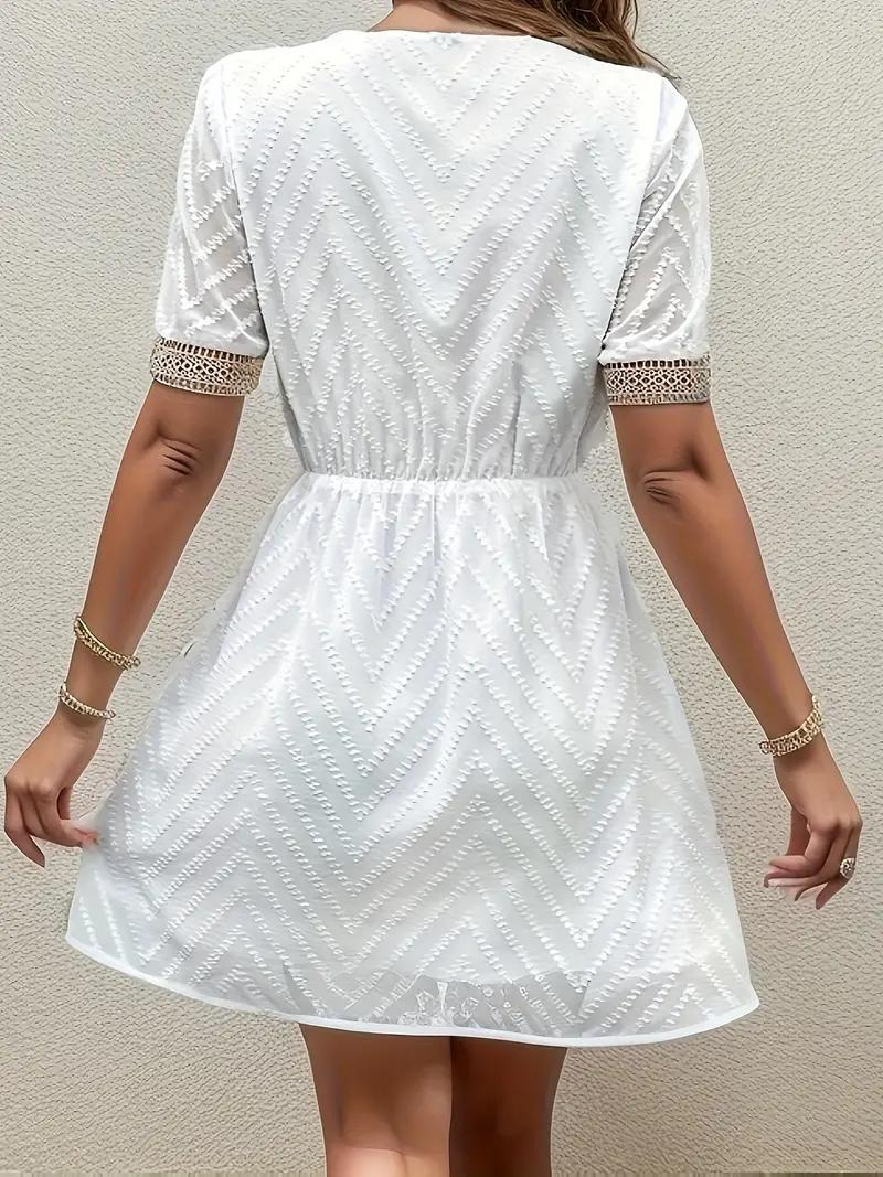 Women's White Embroidered V-Neck Dress – Short Sleeve, Elastic Waist, Lightweight-82469-ff58a5c2-7ba3-4cf3-af6e-4fd7806372cb