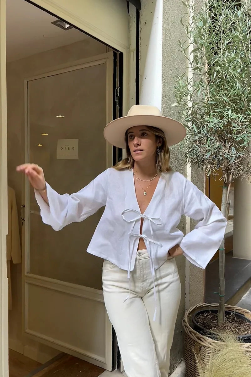 Women's Linen Two-Piece Set – Long Sleeve Tie Front Top & Elastic Waist Shorts, Relaxed Fit-83296-ffbb7dff-d3a9-459c-acb8-a332e7ef9bc2