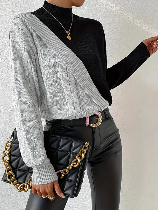 Women's Sweater – Color Block Turtleneck, Cable Knit Design-54586-77f19451-2c08-4759-a6e4-93f487e56c56