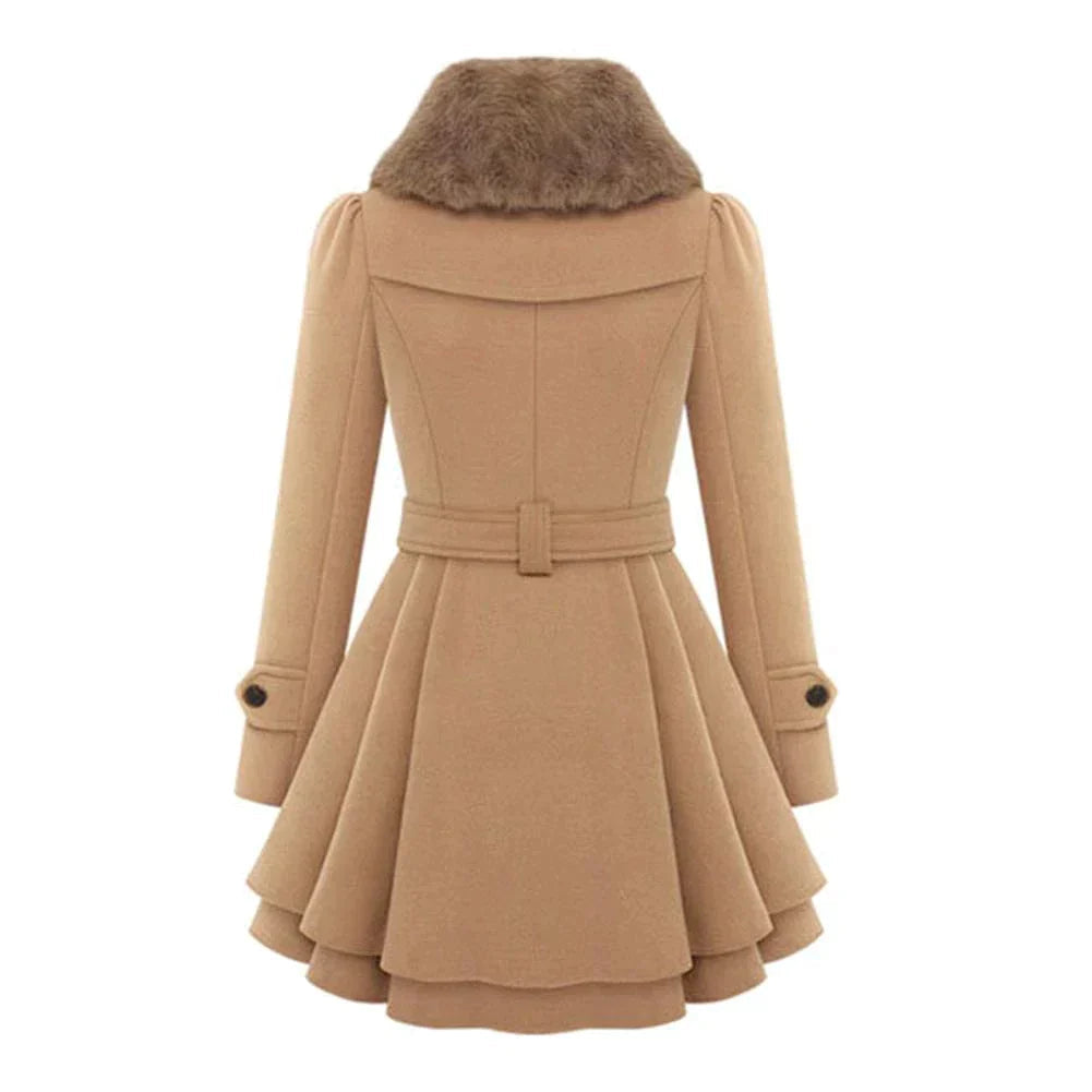 Women's Double-Breasted Winter Coat – Faux Fur Collar, Flared Skirt, Waist Belt Detail-82347-02de3694-168d-45ba-80b9-47489ca97346