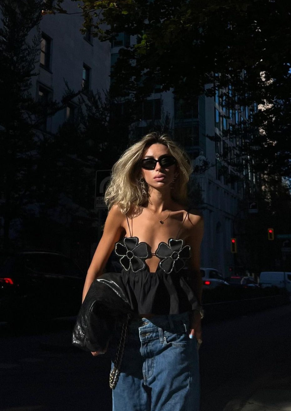 Floral Appliqué Halter Top with Peplum