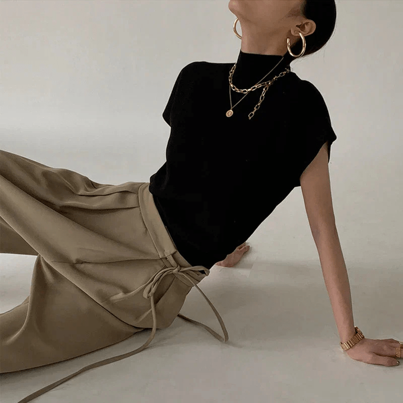 Knit Mock Neck Top – Relaxed Fit, Short Sleeve