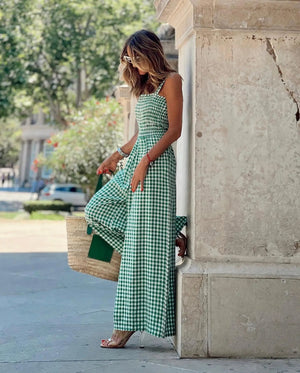 Gingham Jumpsuit - Smocked Wide Leg Design