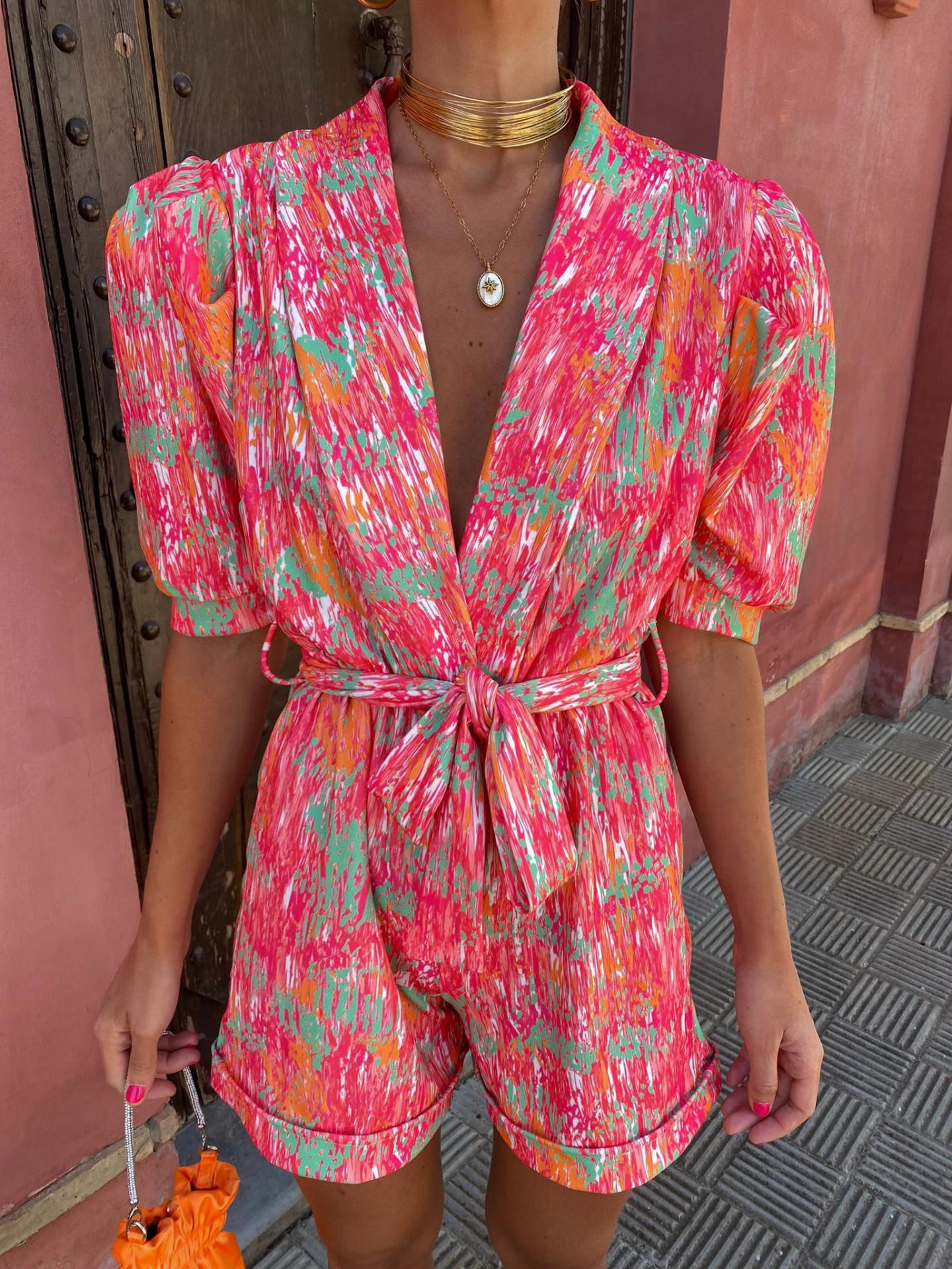 Abstract Print Wrap Romper with Belt