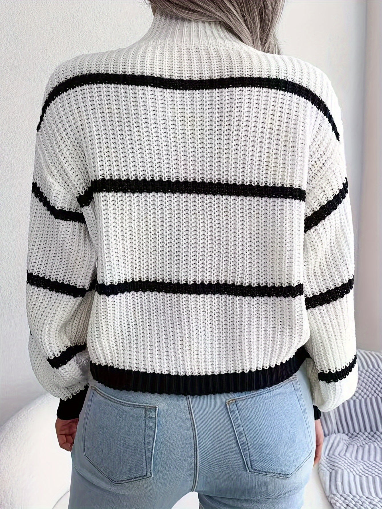 Women's Striped Turtleneck Sweater – White Black, Ribbed Knit-74366-09b52ddc-0b98-471c-8bef-e302569592f7