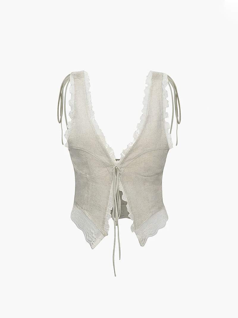 Lace-Trim Tie-Front Sleeveless Top