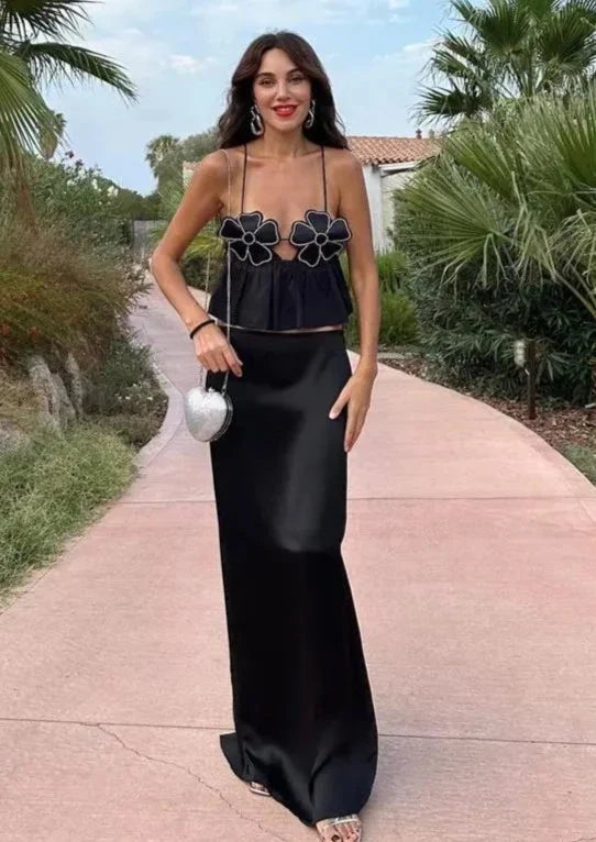 Floral Appliqué Halter Top with Peplum