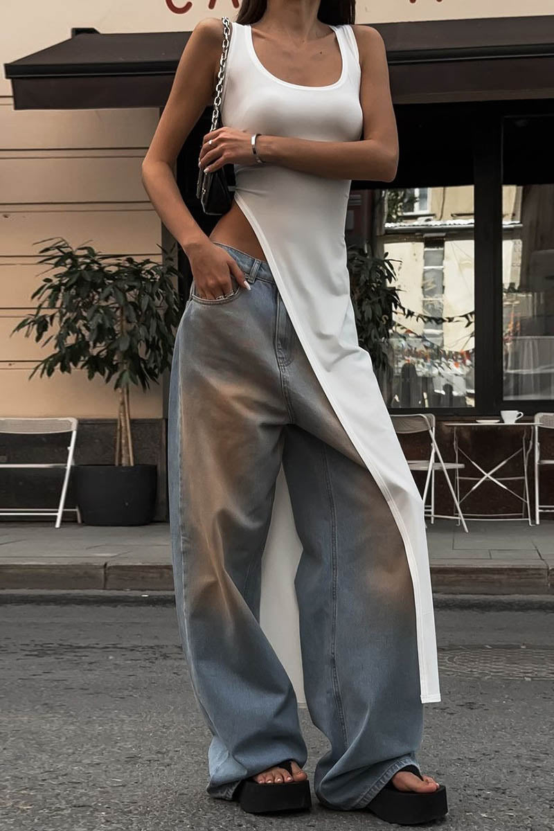 Fitted Top - Asymmetrical Slit, Sleeveless Design