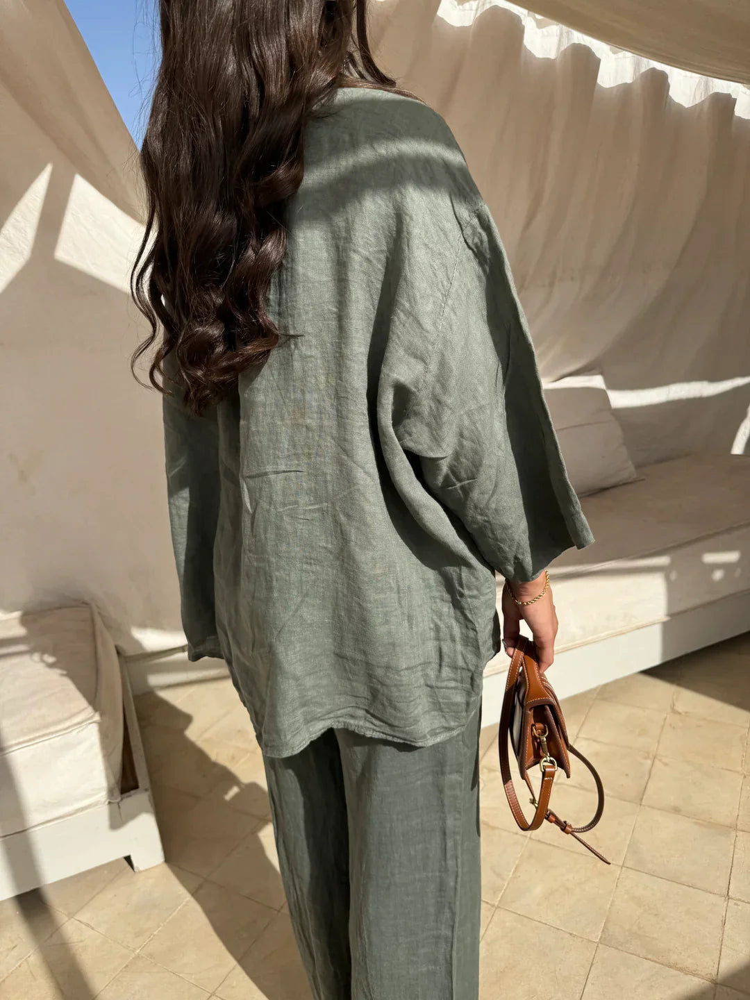 Women's Linen Two-Piece Outfit – Relaxed Button-Down Shirt & Pants Set, Basicfold-82126-0bc6e245-ed04-41e0-ba43-cb1a8311b14d